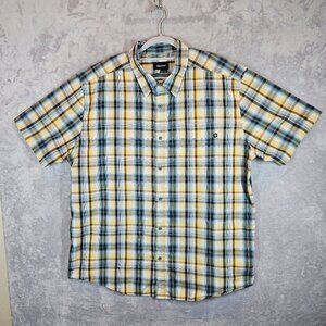 Marmot Mens XXL Yellow Blue Plaid Short Sleeve Button-Up Shirt office logo